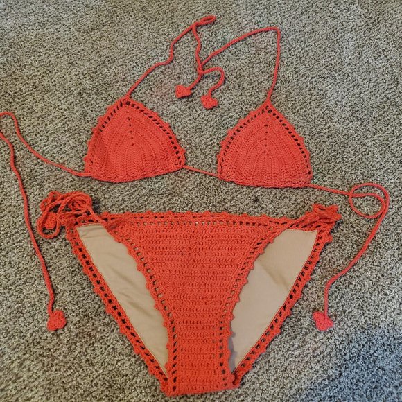 Coral Fully-lined Crochet Bikini - Picture 1 of 7